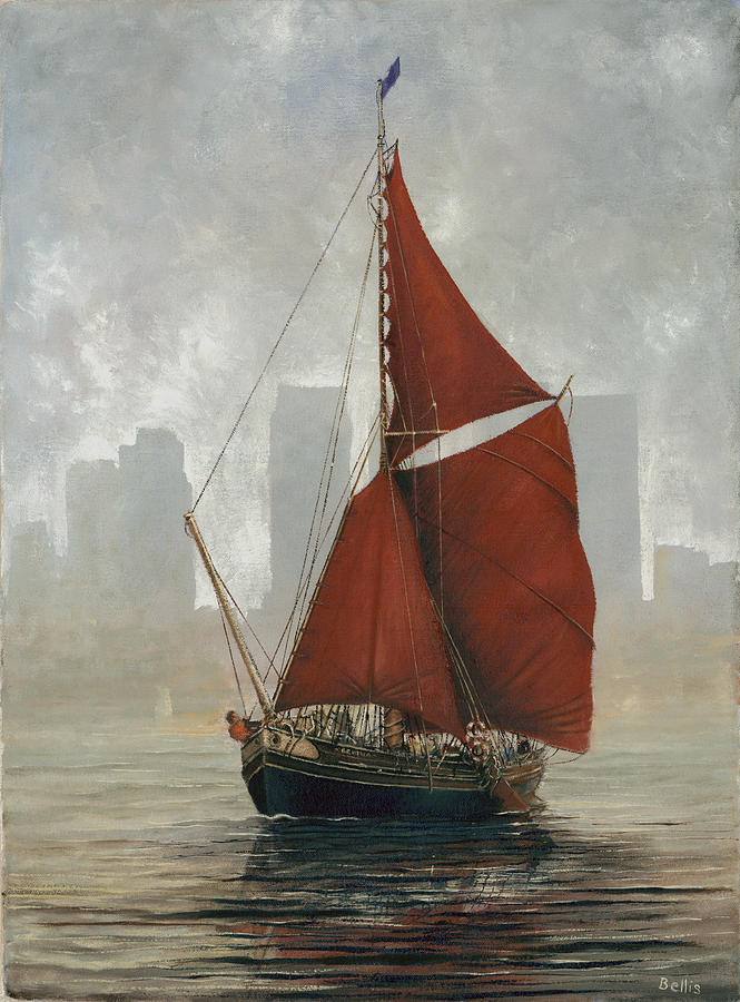 London Painting - A Thames Barge by Canary Wharf by Eric Bellis