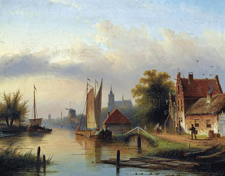 A Town by the River Painting by Jacob Jan Coenraad Spohler