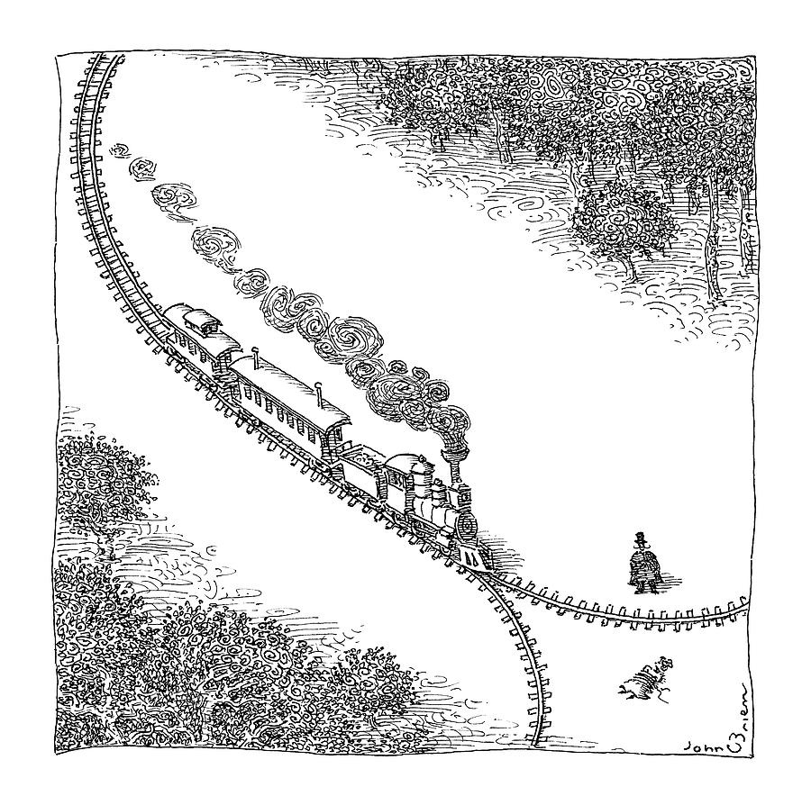 A Train Heads Toward A Tied Up Victim Traveling Drawing by John OBrien