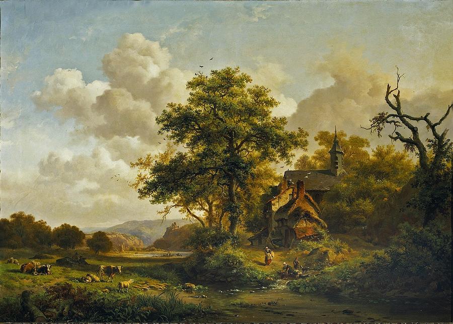 A tranquil landscape with women washing  Painting by Celestial Images