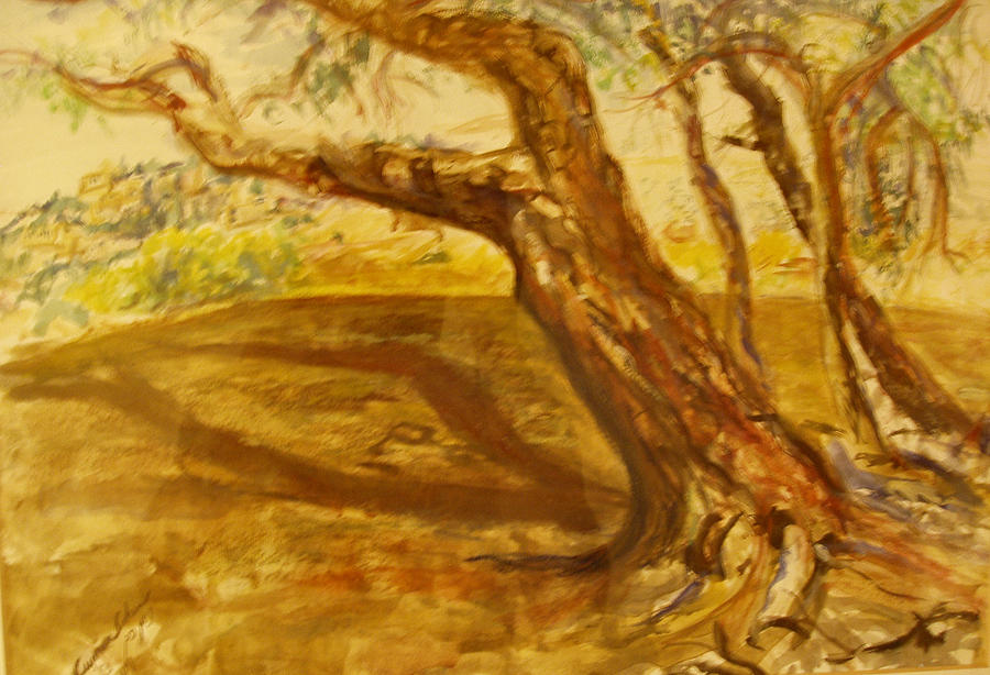 Nature Painting - A Tree Bends over Jerusalem Hills by Esther Newman-Cohen