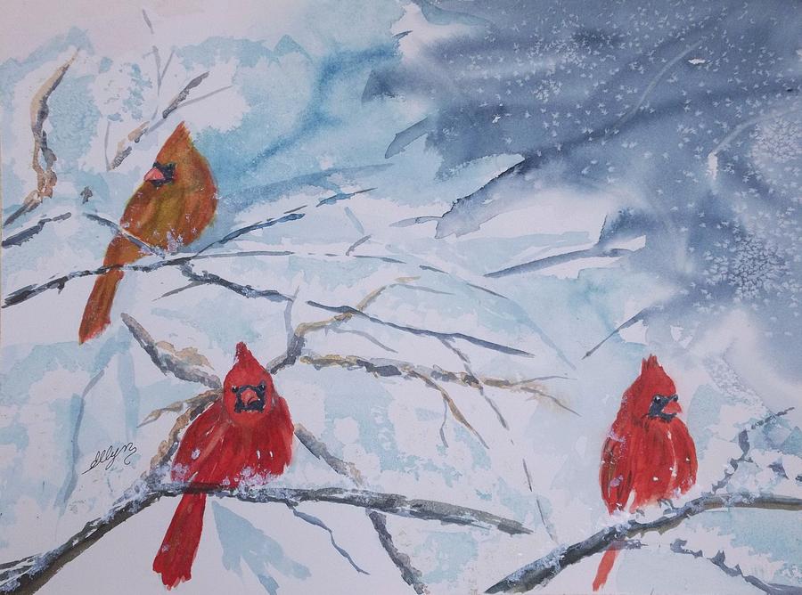 A trio of Cardinals Nestled in Snow Covered Branches Painting by Ellen Levinson