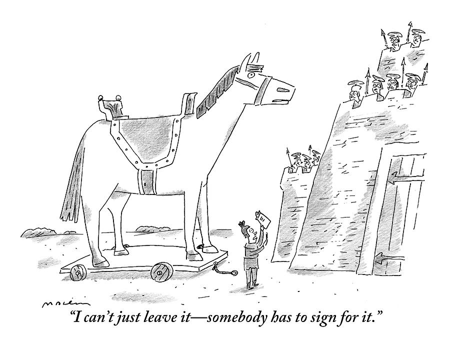 A Trojan Horse Is Delivered To A Guarded Castle Drawing by Michael Maslin