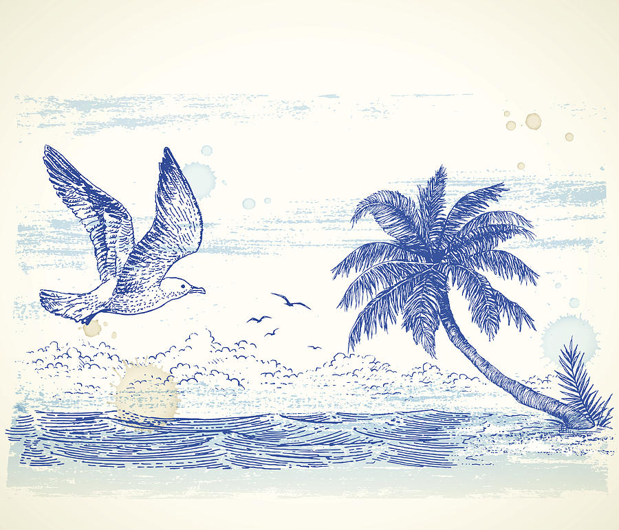 A tropical beach drawing in blue ink Drawing by Mishkom