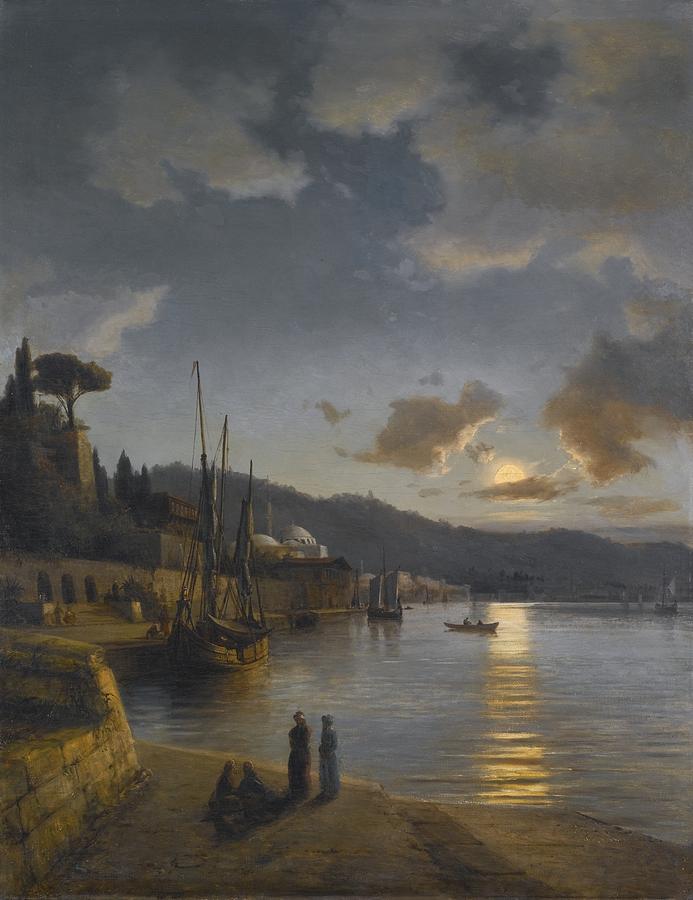 A Turkish Harbour By Moonlight Painting
