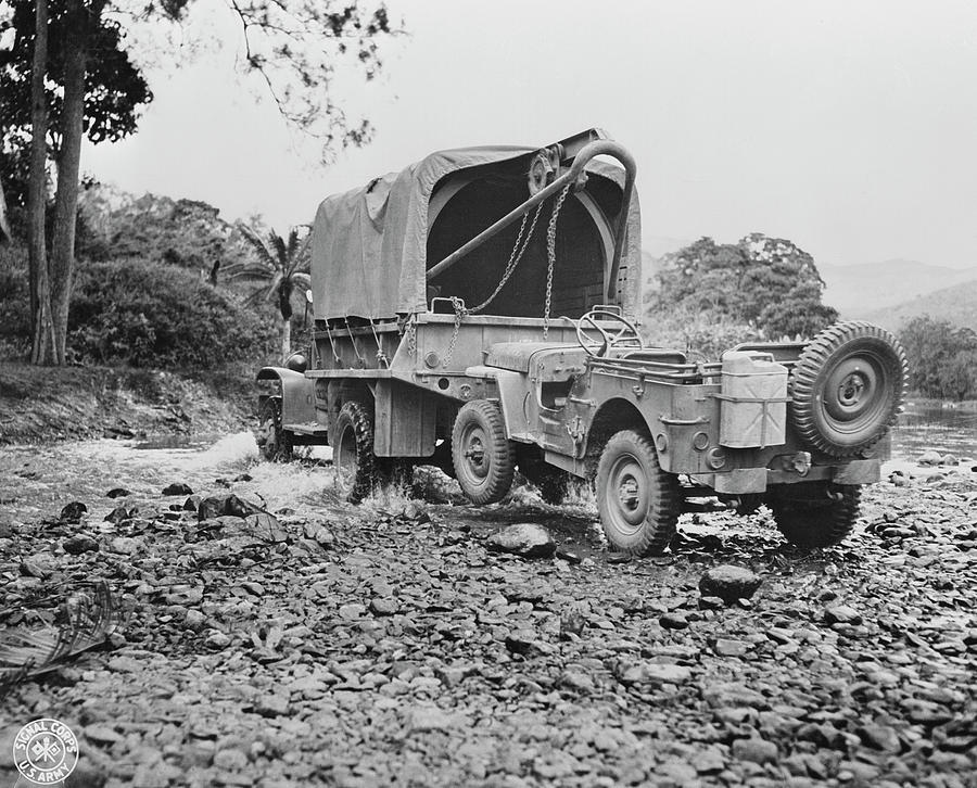 Black And White Photograph - A U.s. Military Truck With Wrecker by Stocktrek Images