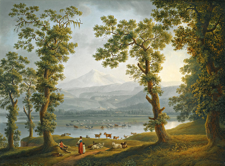 A View across the Volturno River towards Alife Piedimonte Matese and the Matese Mountains rising bey Painting by Jacob Philipp Hackert