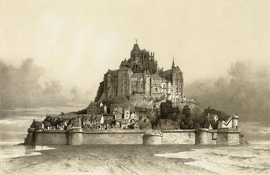 Historical Drawing - A View Of Mont St Michel With The Tide by Mary Evans Picture Library Historical Drawing - A View Of Mont St Michel With The Tide by Mary Evans Picture Library