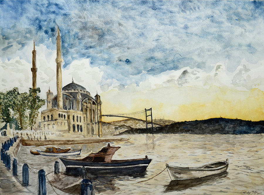 A View of the Bosphorous Bridge from the Docks of the Ortakoy Mosque Painting by Rafay Zafer