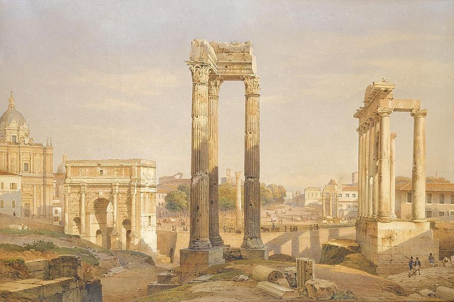 A View Of The Roman Forum With Oxen And Carts Painting by Celestial Images