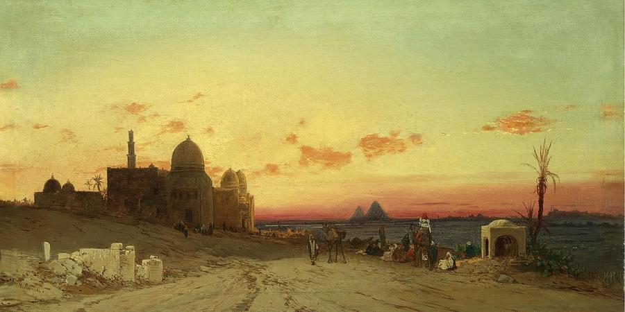 A View Of The Tomb Of The Caliphs With The Pyramids Of Giza Beyond Cairo Painting by Celestial Images