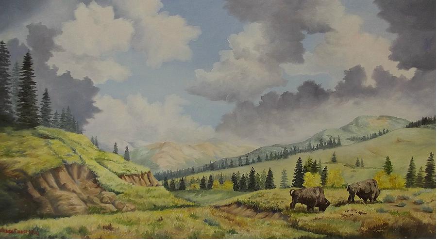 Buffalo Painting - A warm day at Yellowstone Nat. Park by Wanda Dansereau