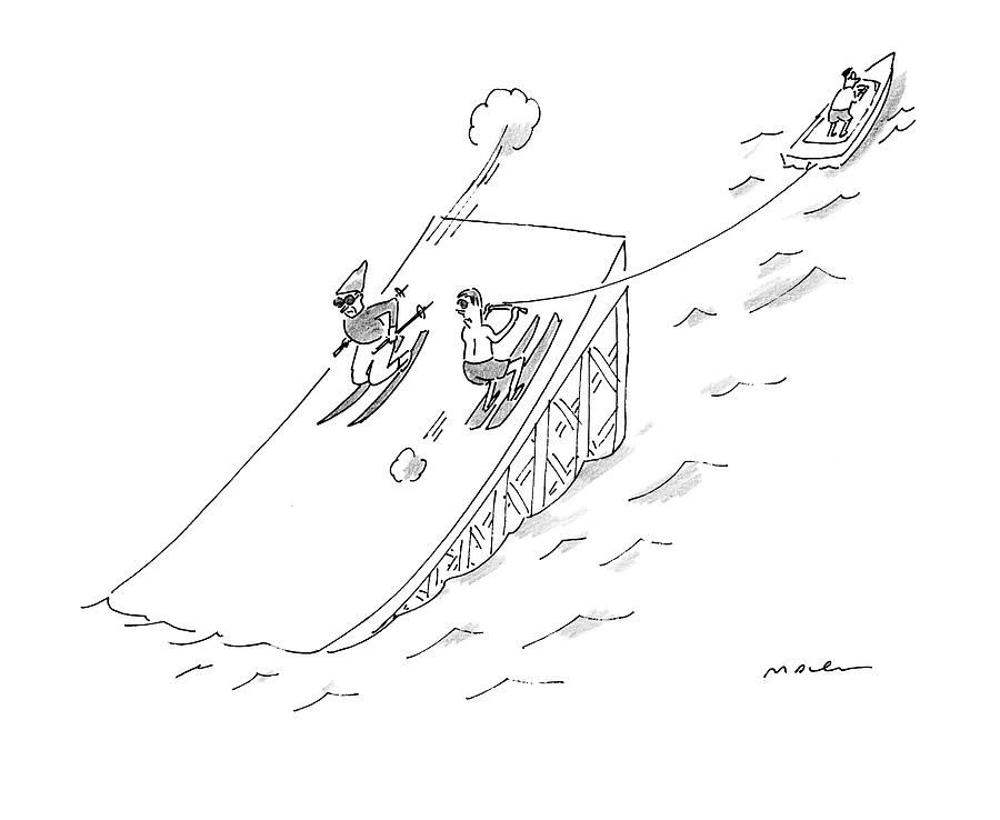 A Water Skier Encounters A Long Jump Downhill Drawing by Michael Maslin