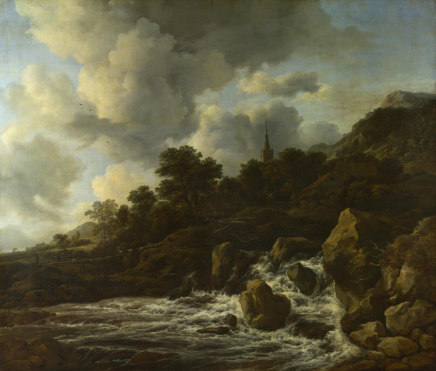 A Waterfall at the Foot of a Hill near a Village Painting by Jacob Isaacksz van Ruisdael