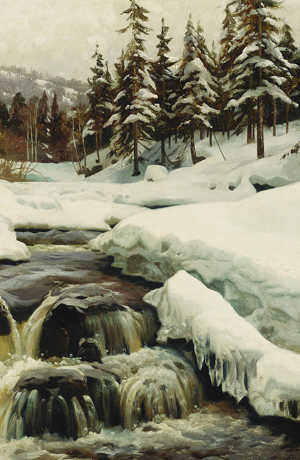 Peder Monsted Painting - A Winter Landscape with a Mountain Torrent by Peder Monsted