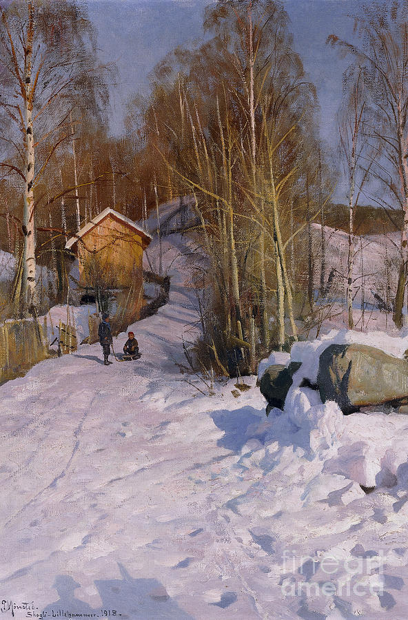 A Winter Landscape with Children Sledging Painting by Peder Monsted