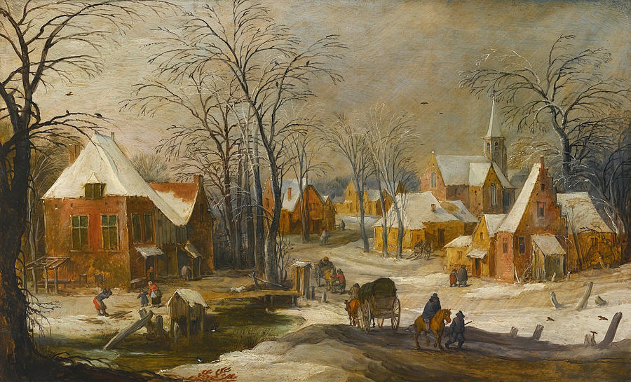 A Winter Landscape with Travellers passing through a Village Painting by Joos de Momper and Jan Brueghel the Elder