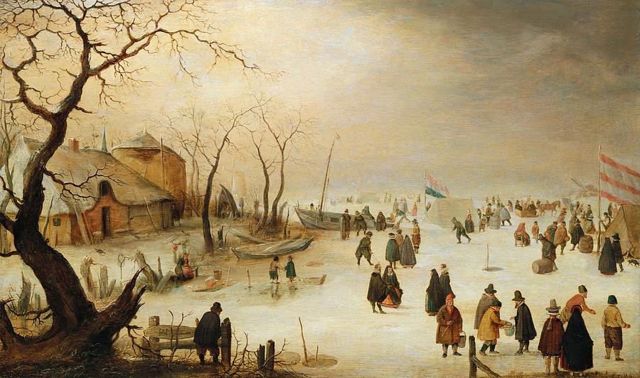 Winter Painting - A Winter River Landscape with Figures on the Ice by Hendrik Avercamp