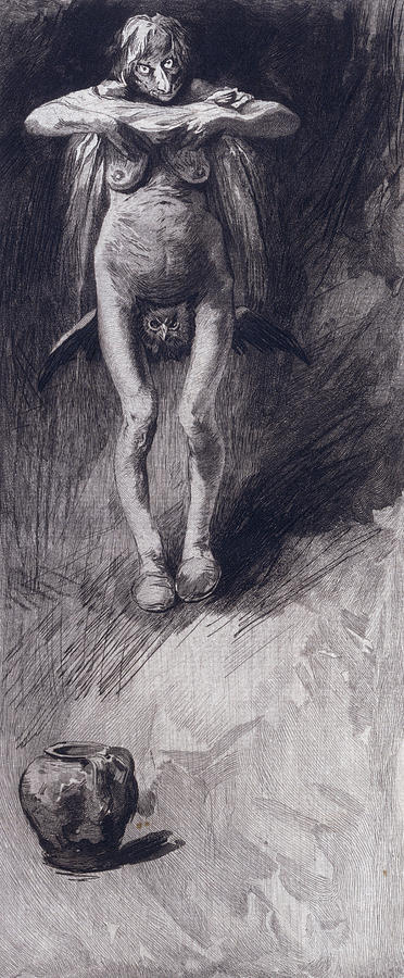 Nude Painting - A Witch representing Night by German School