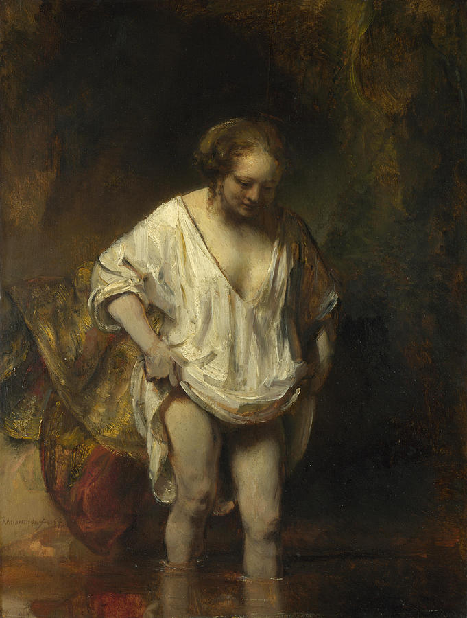A Woman bathing in a Stream. Hendrickje Stoffels Painting by Rembrandt