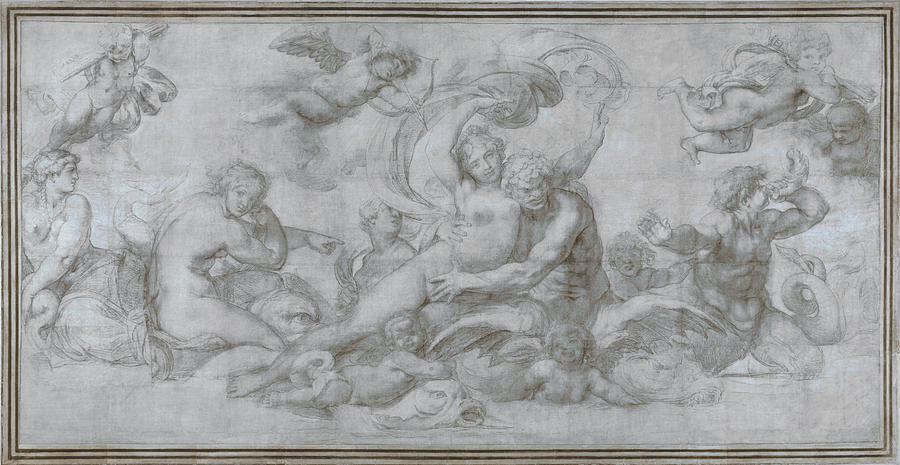 A Woman borne off by a Sea God Drawing by Agostino Carracci