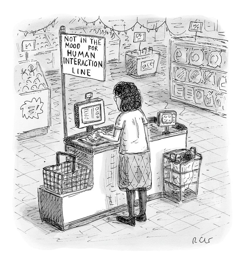 A Woman Checks Out Her Groceries At The Line Drawing by Roz Chast