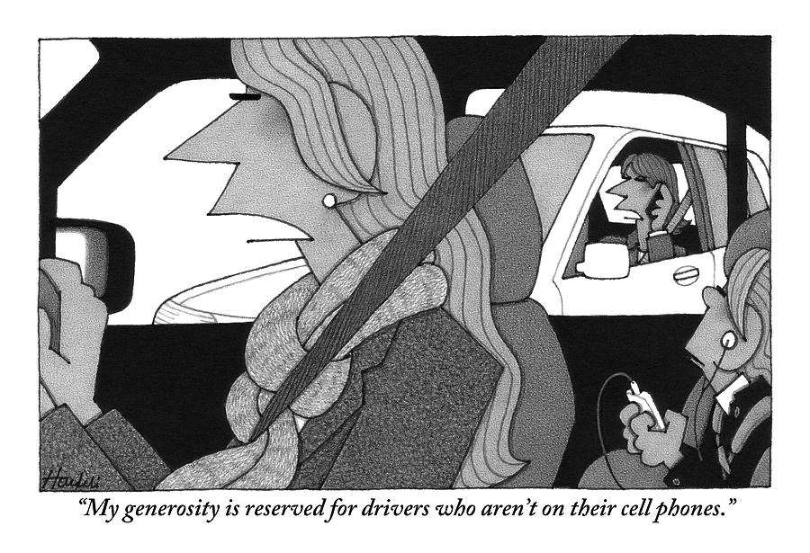 A Woman Driving A Car Speaks.  Her Kid Is Sitting Drawing by William Haefeli
