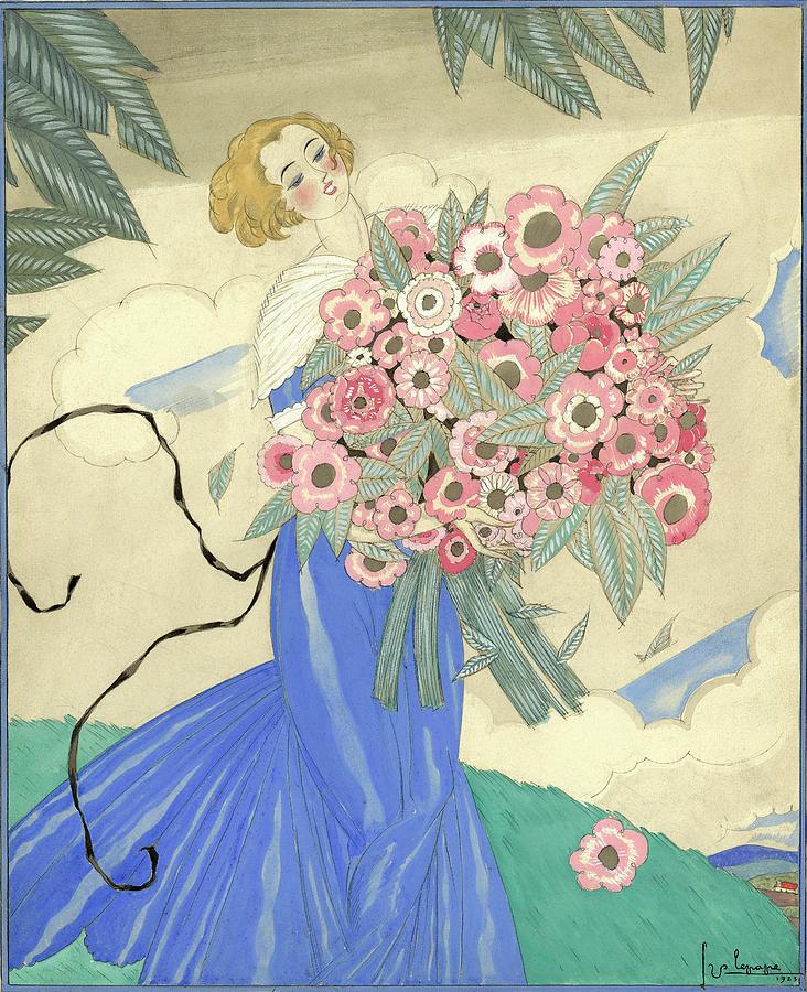 A Woman In A Blue Dress Holding A Bouquet Digital Art by Georges Lepape