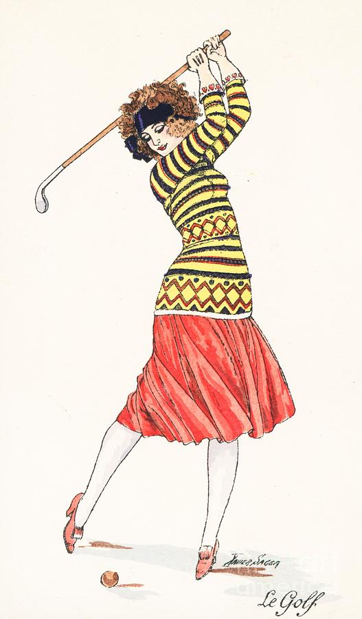 Golf Painting - A woman in full swing playing golf by French School