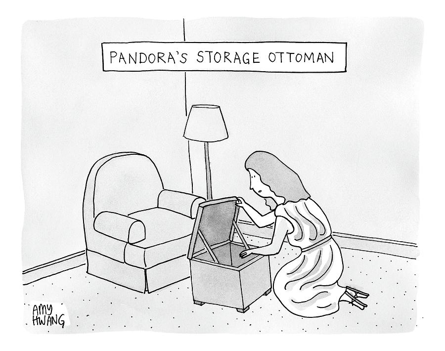A Woman Looks Down Into A Storage Ottoman -- Drawing by Amy Hwang