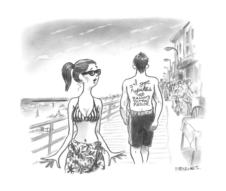 A Woman Passes A Man On The Boardwalk. Tattooed Drawing by Pat Byrnes