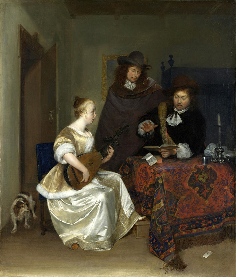 A Woman playing a Theorbo to Two Men Painting by Gerard ter Borch