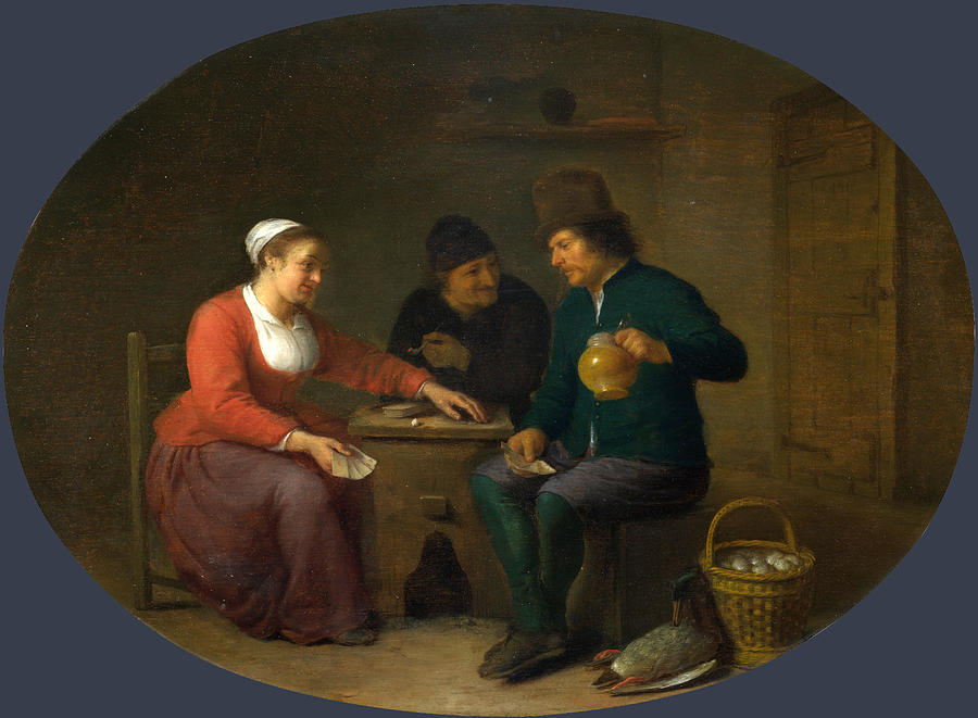 A Woman playing Cards with Two Peasants Painting by Hendrick Sorgh