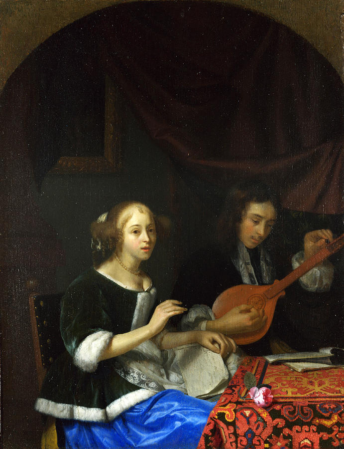 A Woman singing and a Man with a Cittern Painting by Godfried Schalcken
