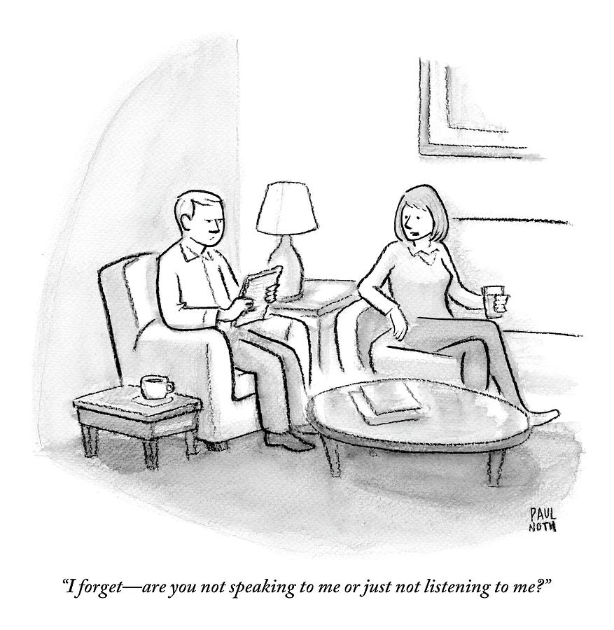 A Woman Speaks To A Man. Both Are Seated Drawing by Paul Noth