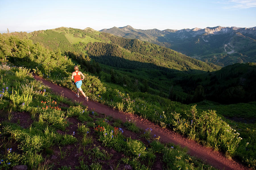 Landscape Photograph - A Woman  Trail Running On The Crest by Mike Schirf