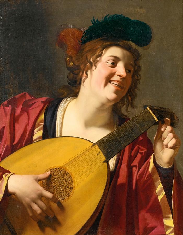 Portrait Painting - A woman tuning a lute by Gerard van Honthorst