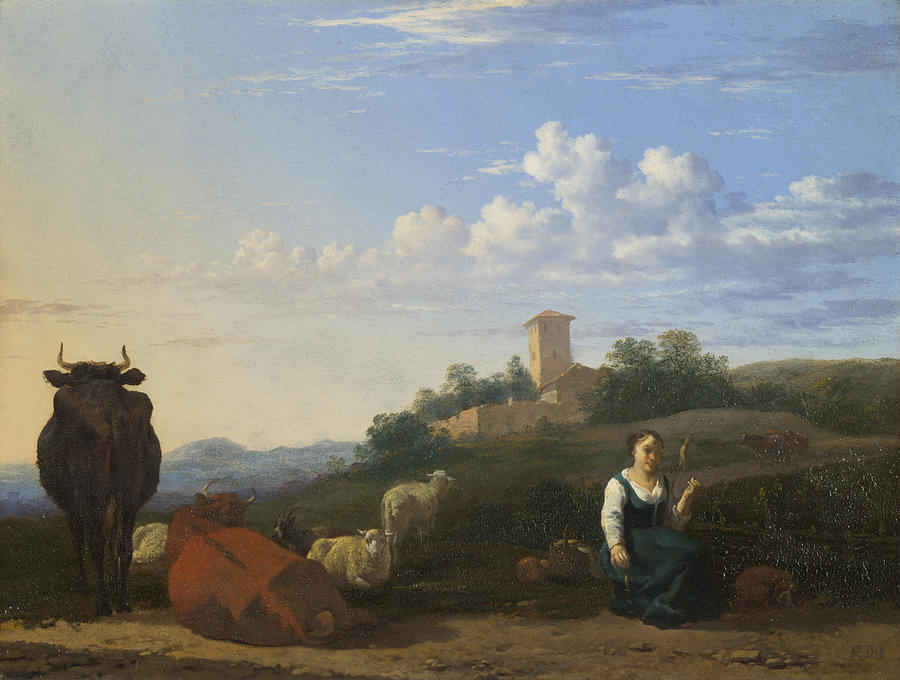 A Woman with Cattle and Sheep in an Italian Landscape Painting by Karel Dujardin