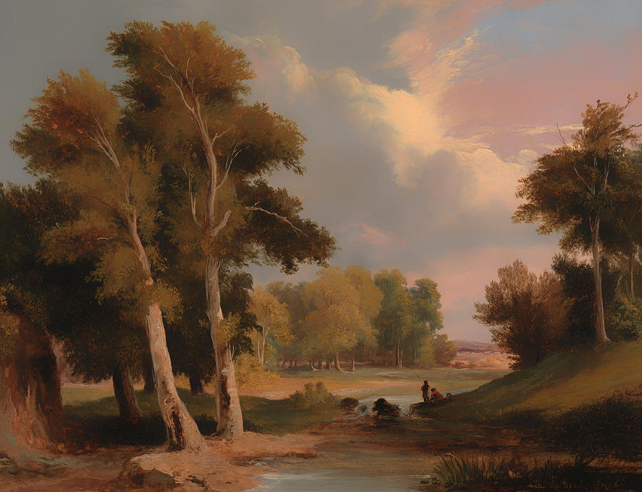 Vintage Painting - A Wooded River Landscape with Fishermen by Mountain Dreams