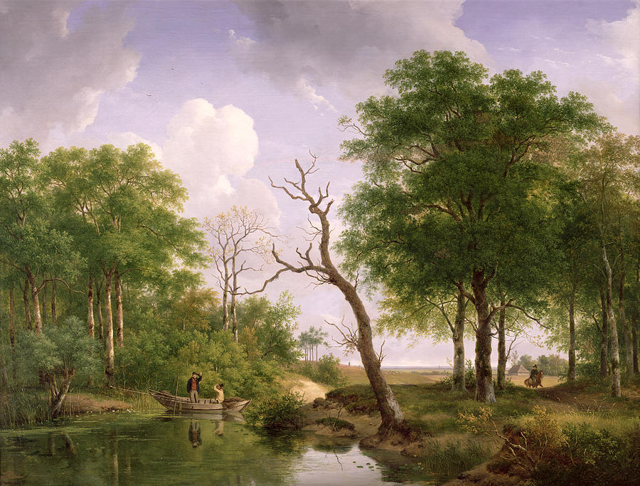 Tree Painting - A wooded river landscape with sportsmen in a rowing boat by Andreas Schelfhout