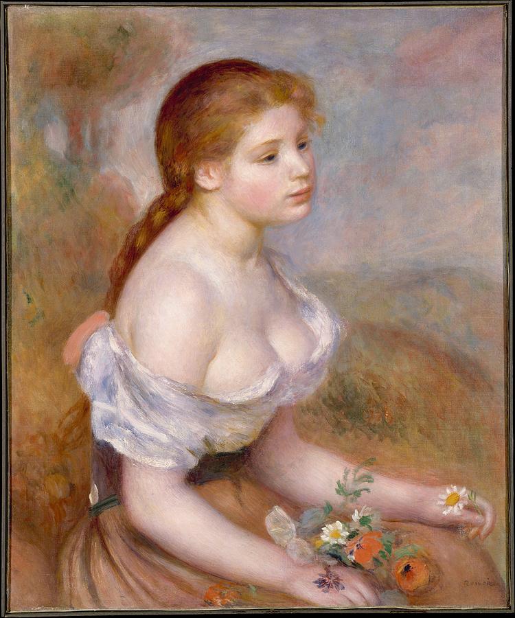 Pierre Auguste Renoir Painting - A Young Girl With Daisies by Auguste Renoir