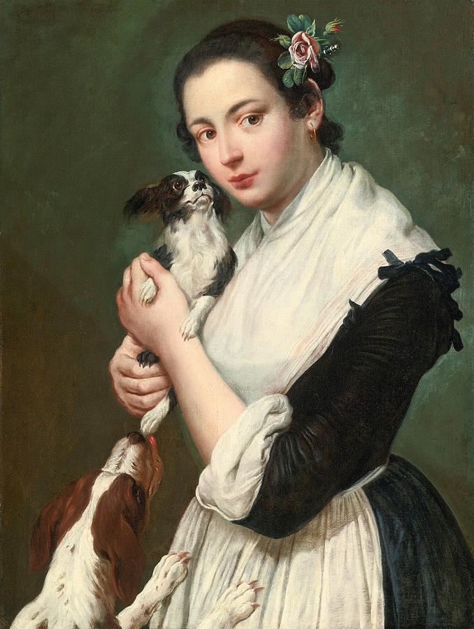 A Young Lady with two dogs Painting by Giacomo Ceruti