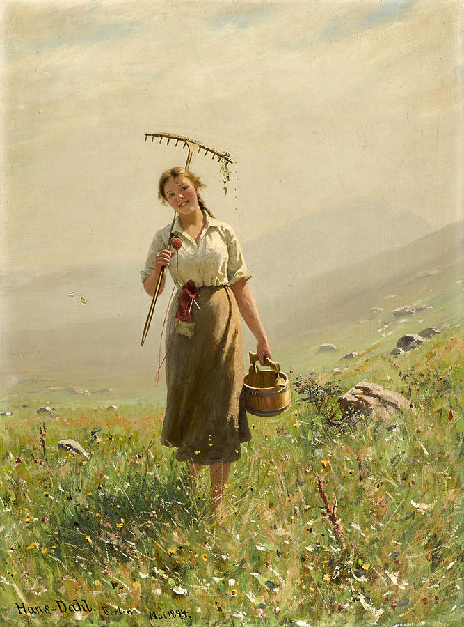 A young woman in the meadow Painting by Hans Dahl