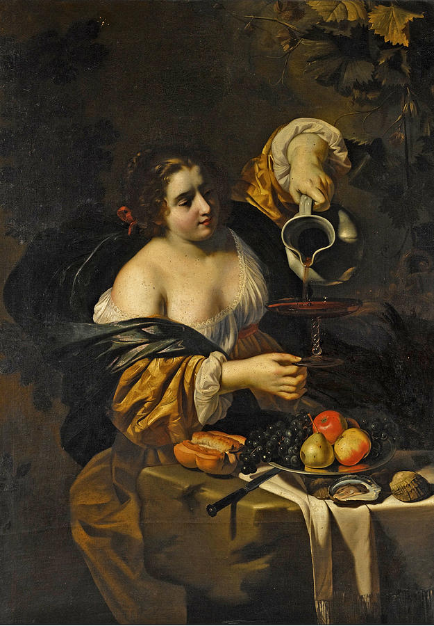 A young woman pouring red wine from a pitcher into a glass Painting by Nicolas Regnier