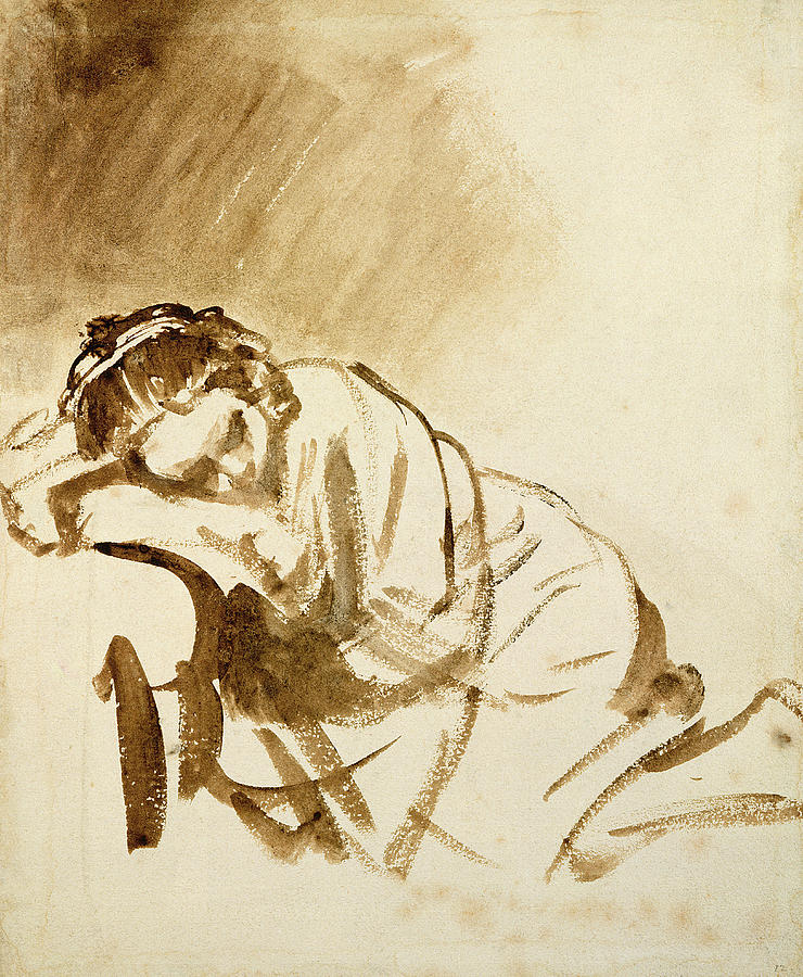 A Young Woman Sleeping Painting by Rembrandt Harmensz van Rijn