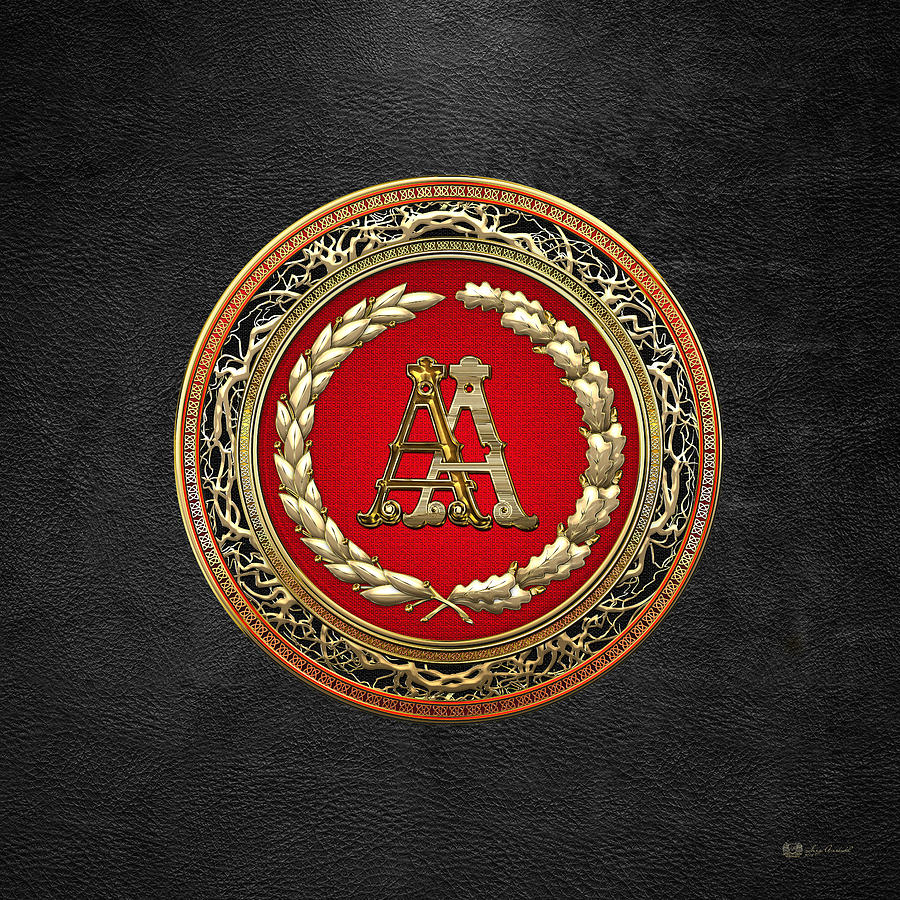 AA Initials - Gold Antique Monogram on Black Leather Digital Art by Serge Averbukh