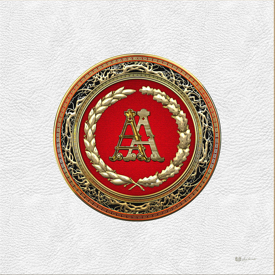 AA Initials - Gold Antique Monogram on White Leather Digital Art by Serge Averbukh
