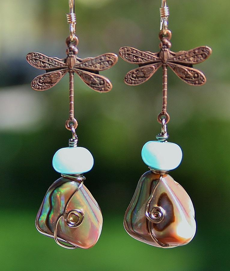 Gems Photograph - Abalone Dragonfly Earrings by Kelly Nicodemus-Miller