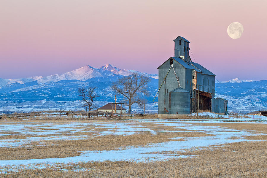 Abandon Grain Mill at Sunrise as the Moon sets on the Mountains Photograph by Ronda Kimbrow