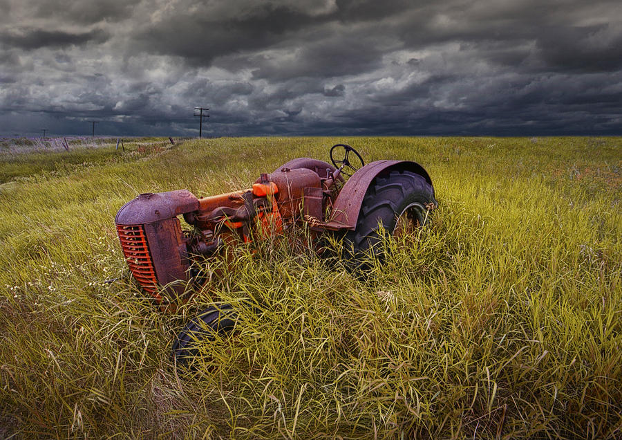 Vintage Photograph - Abandoned Farm Tractor on the Prairie by Randall Nyhof